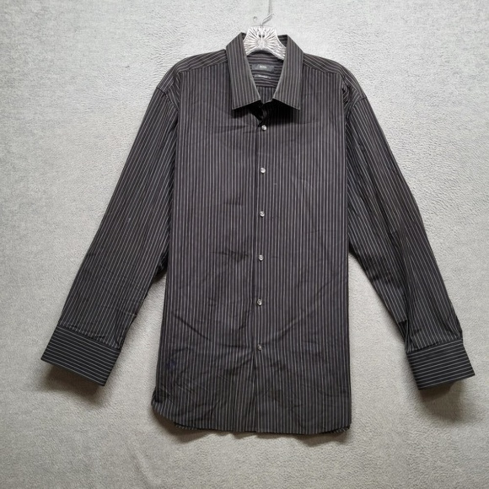 Boss Hugo Boss Men Button Up Shirt 17.5 Black Striped French Cuff Regular Fit